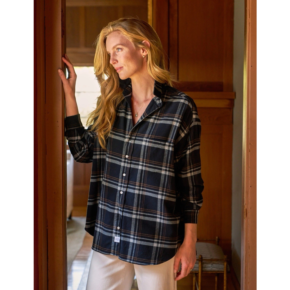 Frank & Eileen SHIRLEY Black and Gray Camel Plaid Italian Flannel Oversized XXS